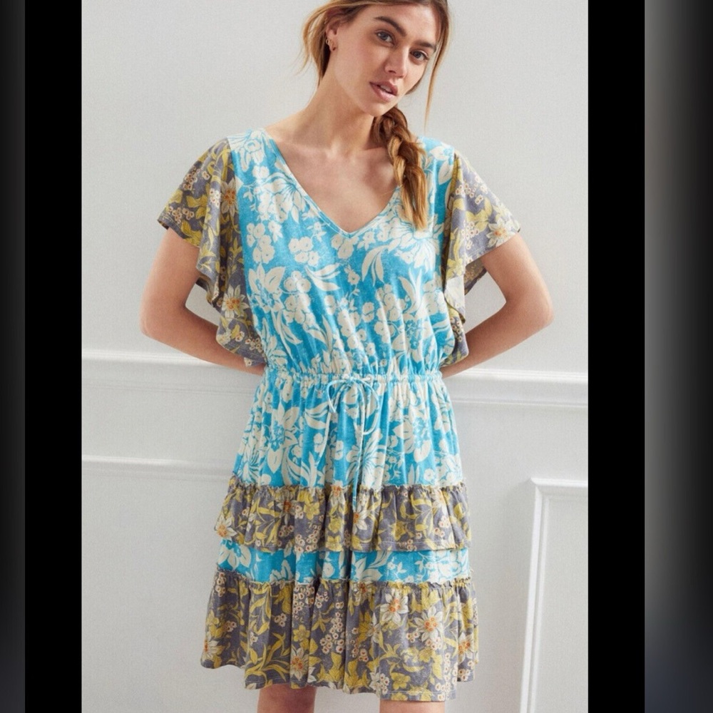 Anthropologie Daily Practice Floral Dress Blue Grey Yellow Tiered Dress XS